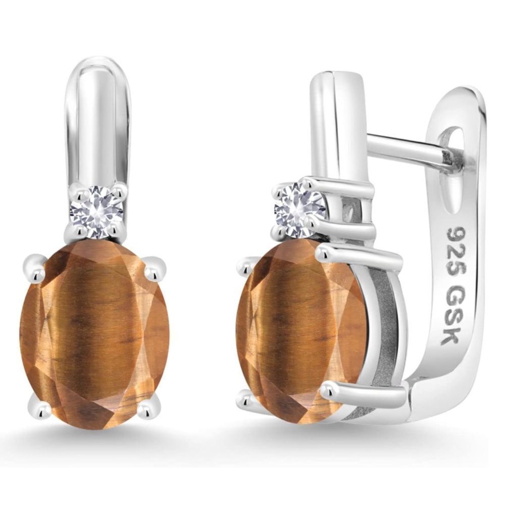 925 Sterling Silver with 3.10 Cttw Brown Tiger Eye and White Sapphire Earrings